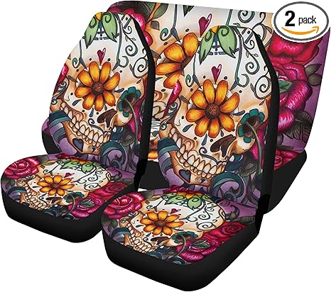 Dia de Los Muertos Sugar Skull Car Seat Covers and Bright Floor Mats – Mexican Calaveras Auto Interior Accessories for Festive Vehicle Style (3pcs Front+Back seat Covers) - sugar skull car floor mats