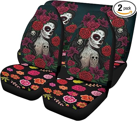 Mexican Fiesta Sugar Skull Car Seat Covers Glitter Car Mats Dia de Los Muertos Candy Skull Custom Car Seat Cover Cute Floor Mat Boho Auto Interior Festival Accessories (3pcs Front+Back seat Covers) - sugar skull car floor mats