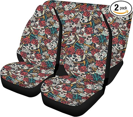 Mexican Sugar Skull Car Seat Covers with Custom Glitter Mats Día de Los Muertos Candy Skull Universal Seat Cover, Cute Car Floor Mat Festival Auto Interior Set (2pcs Front seat Covers) - sugar skull car seat covers set