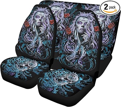 Mexican Candy Skull Car Seat Covers Custom Car Mats Dia de Los Muertos Sugar Skull Universal Car Seat Cover, Glitter Floor Mat Festival Auto Interior Protection (2pcs Front seat Covers) - sugar skull car floor mats