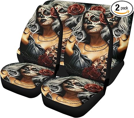 Mexican Girl Sugar Skull Car Seat Covers Mats Dia de Los Muertos Candy Skull Girl Universal Car Seat Cover, Cute Car Mat, Festival Auto Interior Accessories (2pcs Front mats) - sugar skull car seat covers set