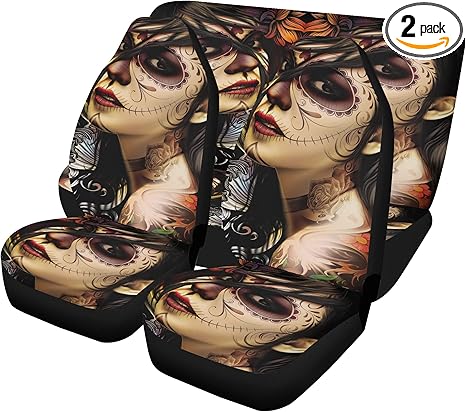 Dia de Los Muertos Sugar Skull Car Seat Covers and Glitter Car Mats – Mexican Candy Skull Universal Seat Cover, Cute Festival Car Mat, Boho Auto Interior Décor (2pcs Front mats) - sugar skull car seat covers set