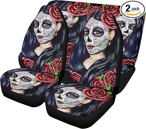 Mexican Fiesta Sugar Skull Car Seat Covers and Glitter Car Mats Día de Los Muertos Candy Skull Universal Car Seat Cover, Cute Car Floor Mat Auto Interior Set (2pcs Front mats) - sugar skull car floor mats