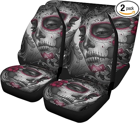 Skull Girl Fiesta Car Seat Covers with Glitter Car Mats – Dia de Los Muertos Girl Sugar Skull Universal Seat Cover, Cute Boho Car Mat, Festival Auto Interior kit (2pcs Front seat Covers) - sugar skull car floor mats