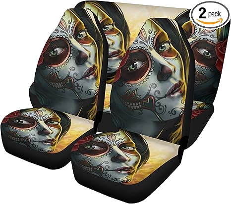 Mexican Sugar Skull Car Seat Covers Glitter Car Mats Dia de Los Muertos Candy Skull Universal Car Seat Cover, Cute Festival Car Mat, Boho Auto Interior Set (4pcs Front+Back mats) - sugar skull car floor mats