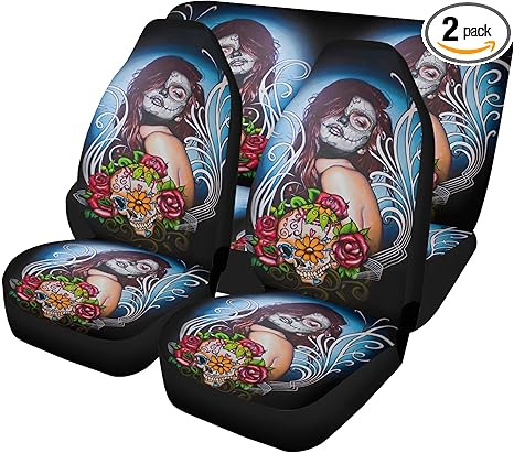 Dia de Los Muertos Sugar Skull Car Seat Covers Glitter Mats Mexican Candy Skull Custom Seat Cover, Cute Festival Car Mat Boho Auto Interior Accessories (2pcs Front mats) - sugar skull car floor mats