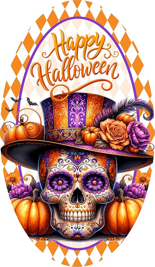 Halloween Sugar Skull Oval Sign, 12 x 7 Inches, Waterproof Aluminum, Day of the Dead Holiday Decor, Wreath Accent, Ornament - sugar skull wreath for front door