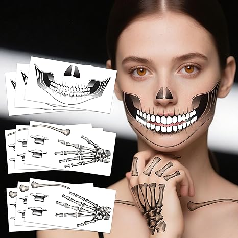 9 Sheets Skeleton Temporary Face Tattoos, Halloween Face Tattoo Skull Makeup Stickers for Women Men Adult - sugar skull temporary tattoo