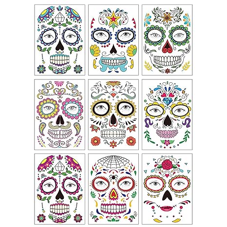 9 PCS Day of the Dead Costume Tattoos Temporary Face Tattoo Sugar Skull Stickers for Halloween, Makeup, Masquerade and Parties - sugar skull temporary tattoo