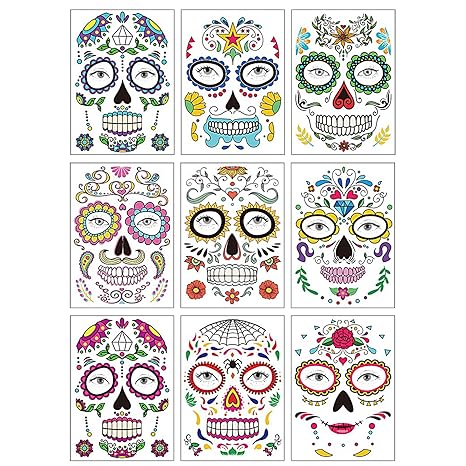 Day of the Dead Costume Tattoos Temporary Face Tattoo Sugar Skull Stickers for Halloween, Makeup, Masquerade and Parties 9 PCS - sugar skull temporary tattoo