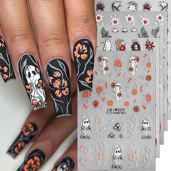 5D Ghost Nail Stickers Halloween Nail Decals 5PCS Skull Flower Spider Web Sticker for Nails Self-Adhesive Nail Art Supplies Slider Holiday Charms for Women DIY Nail Art Decorations Manicure Acessories - sugar skull nail art