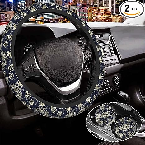 Vintage Sugar Skulls Roses Steering Wheel Cover Anti-Slip and Practical Neoprene Car Steering Wheel Cover with 2PCS Car Coasters for Women Men,Universal 15" Fit for Sedans,Trucks - sugar skull coasters set