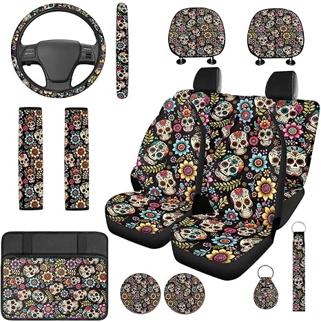 Sugar Skull 14 Pack Car Seat Covers Full Set Steering Wheel Cover Seat Belt Cover Keychain Holder Armrest Cushion Protector Universal Fit for Vehicles,Cars,Suvs,Vans,Sedans - sugar skull car floor mats