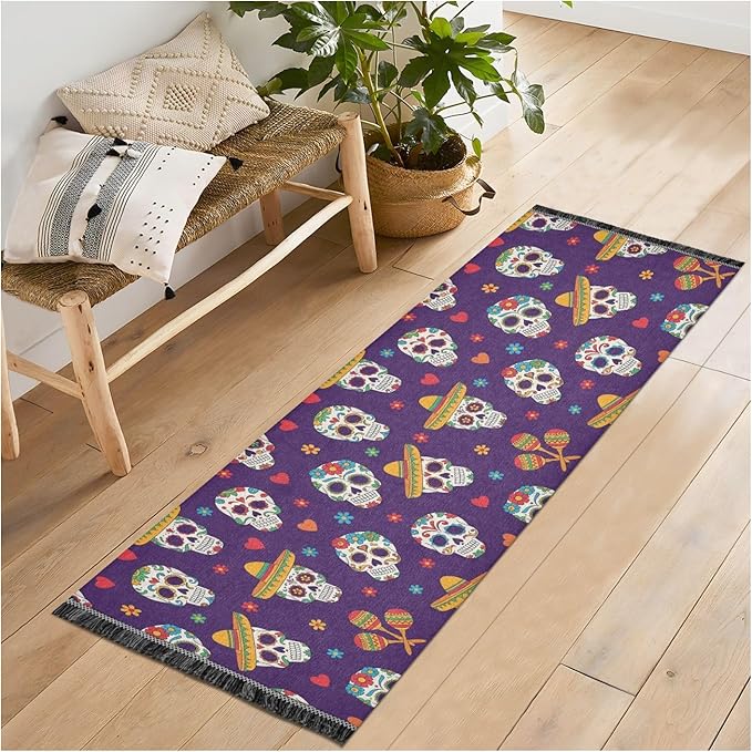 Purple Sugar Skulls Runner Rug for Hallways Entryway Rugs Non-Slip Kitchen Rugs Washable Carpet for Laundry Room Living Room Bedroom - sugar skull area rug