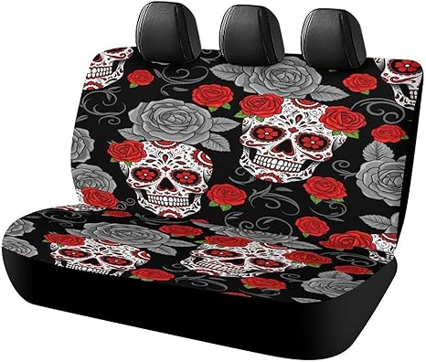 Sugar Skull Red Roses Car Back Seat Cover Durable Soft Car Bench Split Seat Covers Rear Car Accessories Decoration for Women Men Universal Fit Most Trucks Van - sugar skull car pet seat cover