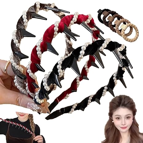 Basically Retro High Skull Pearl Headband, Headbands for Women, Vintage High Cranium Artificial Pearl Hairband with Teeth, Elegant Wide Beaded Bling Headbands for Wedding, Party, Night Out (3pcs-A, 1) - sugar skull flower crown
