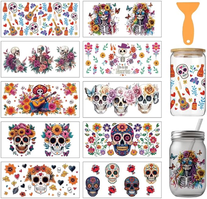 arricraft 10 Pcs Skull Theme PVC Cup Transfer Stickers, Sugar Bones Flower Skull Pattern UV Waterproof Cup Sticker Kit for 16 oz Glasses Day of The Dead Window Home Decoration - sugar skull coffee cup