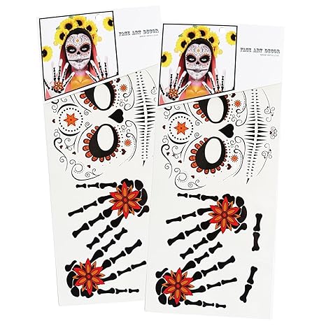 Vibrant Day of the Died Face & Skeleton Hand Tattoos 2-Pack - Large Floral Sugar Design Skull for Halloween, Día de los Muertos, Cosplay Costume for Adults and Kids (Skull-Star) - sugar skull temporary tattoo
