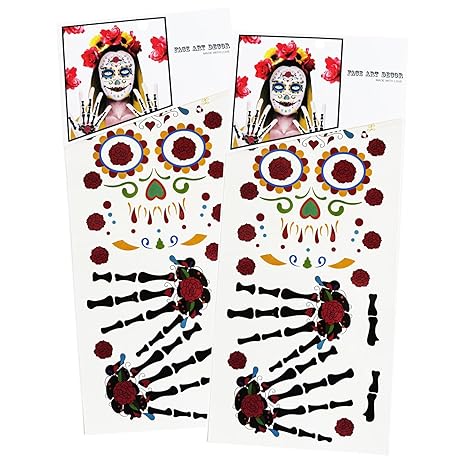 Vibrant Day of the Died Face & Skeleton Hand Tattoos 2-Pack - Large Floral Sugar Design Skull for Halloween, Día de los Muertos, Cosplay Costume for Adults and Kids (SKull-Rose) - sugar skull temporary tattoo
