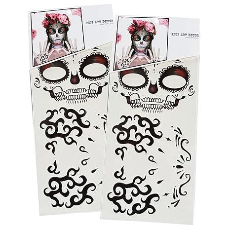 Vibrant Day of the Died Face & Skeleton Hand Tattoos 2-Pack - Large Floral Sugar Design Skull for Halloween, Día de los Muertos, Cosplay Costume for Adults and Kids (BL-Totem) - sugar skull makeup kit