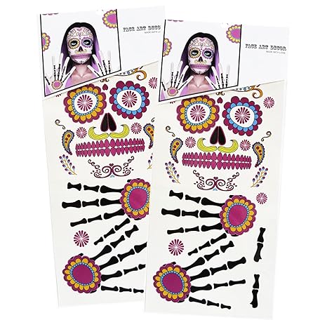 Vibrant Day of the Died Face & Skeleton Hand Tattoos 2-Pack - Large Floral Sugar Design Skull for Halloween, Día de los Muertos, Cosplay Costume for Adults and Kids (Skull-Flower) - sugar skull temporary tattoo