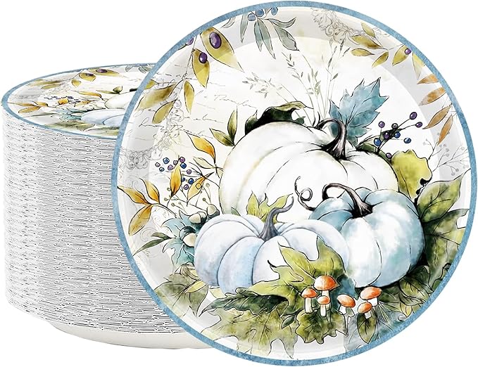 50PCS Pumpkin Paper Plates 7" Fall Paper Plate Retro Teal Pumpkin Plates for Thanksgiving Themed Autumn Fall Thanksgiving Orange Harvest Banquet Birthday Party Supplies Decorations (Teal) - sugar skull plates set