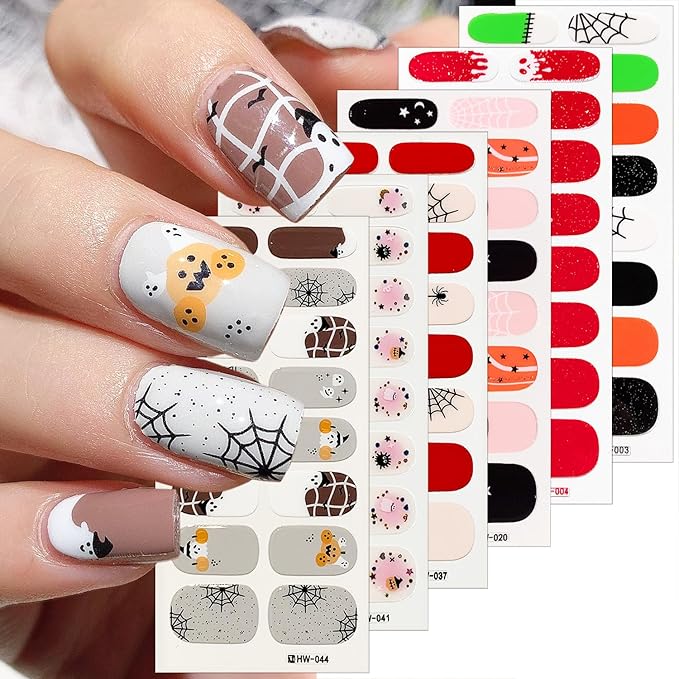 6 Sheets Halloween Nail Stickers Full Nails Wraps Spider Pumpkin Gel Nail Strips Blood Drop Skull Stick on Nails Polish Strips Self-Adhesive Star Heart Ghost Fingernails Stickers for Women - sugar skull nail art