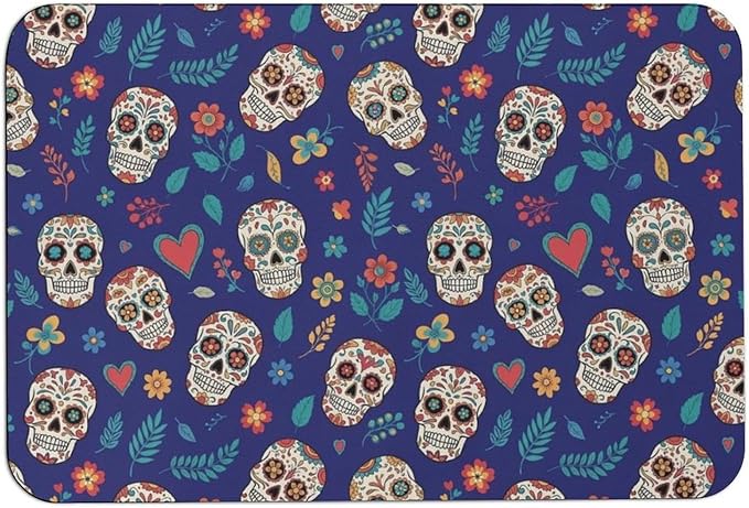 Indoor and Outdoor Floor Mats with Non-Slip Backing Day Dead Cool Mexican Sugar Skull Art for Home, Kitchen, Laundry Rooms, Patios Use, Easy to Clean - sugar skull floor mat