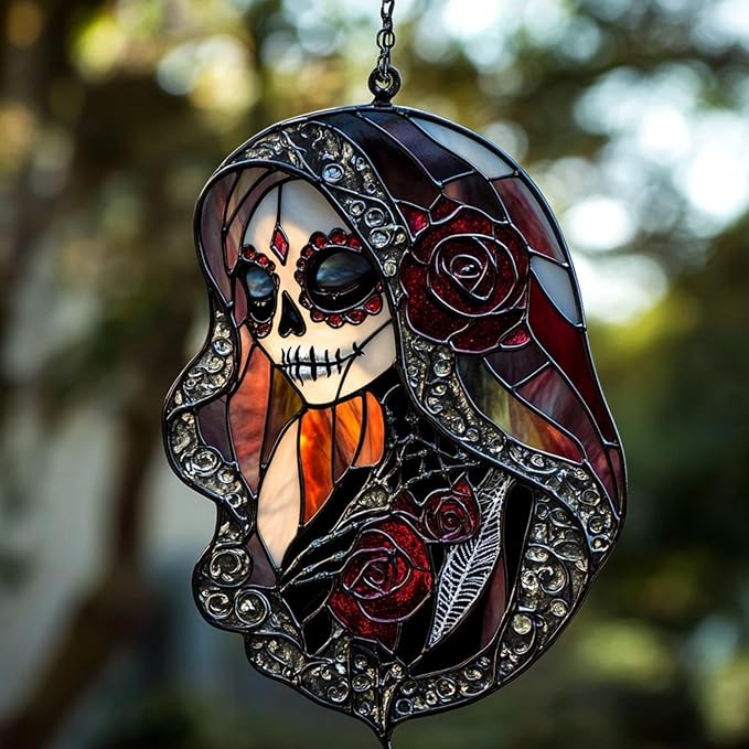 Stunning Dia De Los Muertos Sugar Skull Sun Catcher, Day of The Dead Window Hanging Light Catcher, Spooky Halloween Calavera Decor, (4x4) - sugar skull christmas ornament