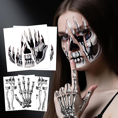 4 Sheets Halloween Tattoos, Horror Halloween Face Temporary Tattoos, Waterproof Fake Skeleton Zombie Face Tattoos Stickers Make Up Accessories for Carnival Makeup Halloween Masquerade - sugar skull temporary tattoo