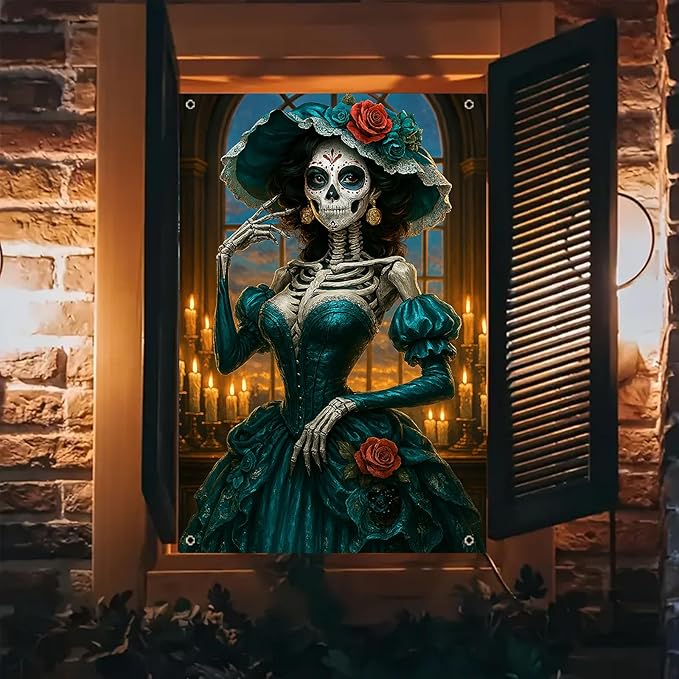 Halloween Window Cover Decorations Sugar Skull Catrina Banner 31x47 Inch Fall Window Cover Spooky Window Covers Decor for Halloween Party Indoor Outdoor Seasonal Windows Poster Home Decor - sugar skull poster print