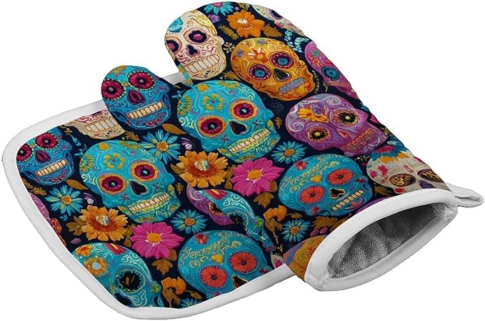 Oven Mitts and Pot Holders 2 Pcs Set Heat Resistant Ovens Gloves for Cooking Sugar Skulls Oven Mitts Non-Slip Silicone Ovens Mittens Hot Pad for Baking BBQ - sugar skull oven mitts