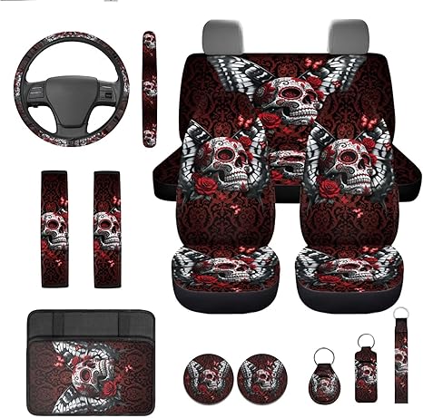 XYZCANDO Red Sugar Skull Car Seat Covers Set of 13 with Cars Armrest Cover Steering Wheel Cover Car Seat Belt Pad Cover Wristlet Keychain Soft Elastic Fabrics Fit for Cars and SUVs - sugar skull car seat covers set