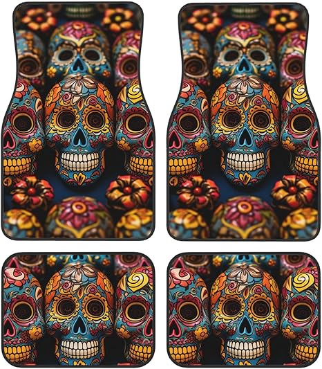 Car Floor Mats All-Weather Front Rear Foot Mat Sets of 4 Pieces Colorful Sugar Skulls Car Mats Full Set Non-Slip Automotive Carpet Interior Accessories Universal Car Foot Mats for Cars SUV Sedans - sugar skull car floor mats