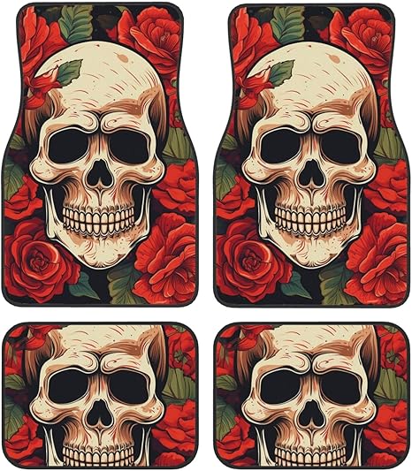 Car Floor Mats All-Weather Front Rear Foot Mat Sets of 4 Pieces Sugar Skull Rose Car Mats Full Set Non-Slip Automotive Carpet Interior Accessories Universal Car Foot Mats for Cars SUV Sedans - sugar skull car floor mats
