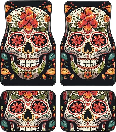 Car Floor Mats All-Weather Front Rear Foot Mat Sets of 4 Pieces Colorful Sugar Skull Car Mats Full Set Non-Slip Automotive Carpet Interior Accessories Universal Car Foot Mats for Cars SUV Sedans - sugar skull car floor mats