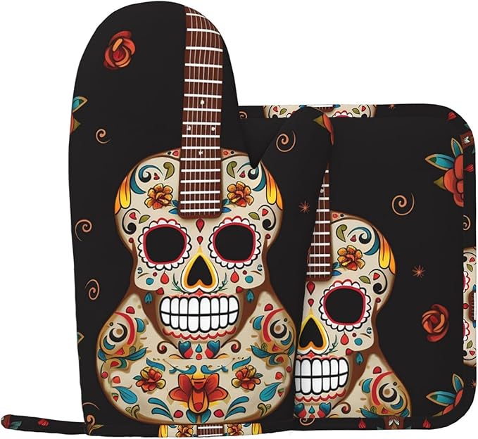 Guitar Pepper Sugar Skull Oven Mitts and Pot Holders Set, 500°F High Heat Resistant Silicone Kitchen Oven Glove and Potholder Non-Slip Cooking Gloves with Pan Racks for Baking Grilling - sugar skull oven mitts