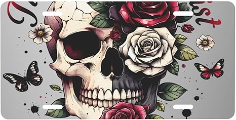 Front License Plate for Car Designs Sugar Skull Grey Stainless License Plate Cover Holder for Men Women Metal Aluminum Decorative Accessory Vanity Tag Standard 6 X 12 Inch (4 Holes) - sugar skull plates set