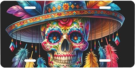 Front License Plate for Car Designs Halloween Rainbow Sugar Skull Stainless License Plate Cover Holder for Men Women Metal Aluminum Decorative Accessory Vanity Tag Standard 6 X 12 Inch (4 Holes) - sugar skull plates set