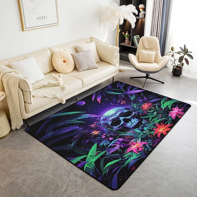 Feelyou Sugar Skull Area Rug 5x7 for Bedroom Gothic Skull Living Room Rugs Soft Non-Slip Floral Decor Carpet Skeleton Bones Blossoms Indoor Floor Mat for Home, Dining Room - sugar skull area rug