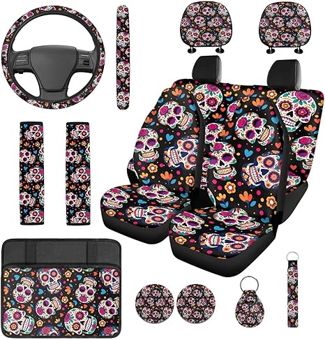 Dreaweet Sugar Skull Car Seat Covers Full Set Halloween Car Accessories Seat Covers with Seat Belt Covers Armrest Cover Steering Wheel Cover Headrest Cover Coaster Keychain 14 Pcs Universal Fit - sugar skull car seat covers set