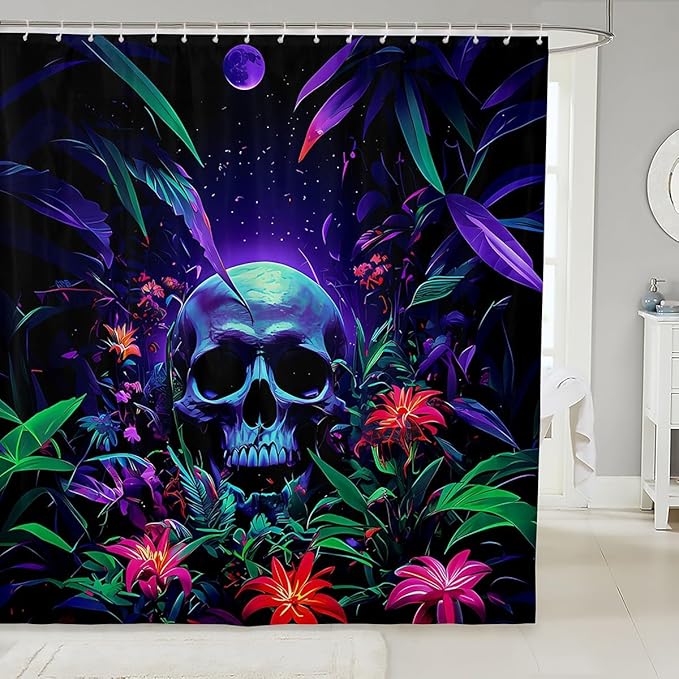 Feelyou Sugar Skull Shower Curtains Gothic Skull Bathroom Curtain for Kids Women Men Floral Bathroom Accessories Skeleton Bones Blossoms Waterproof Polyester Fabric for Stalls Bathtubs 72"x72" - sugar skull shower curtain set