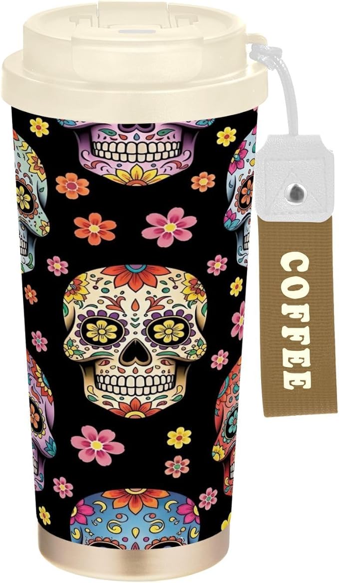 Colorful Sugar Skulls Floral Black, Travel Coffee Tumbler 16 Oz with Straw and Filp Lid, Vacuum Insulated Double Wall Tumbler with Ceramic Coating for School Office Party Camping - sugar skull tumbler with straw