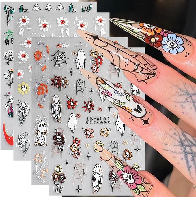 4 Sheets Halloween Nail Stickers for Nail Art Horror Flower Skull Nail Decals 5D Embossed Spider Web Ghost Nail Art Stickers Self-Adhesive Star French Tip Nail Design Sticker for Women - sugar skull nail art
