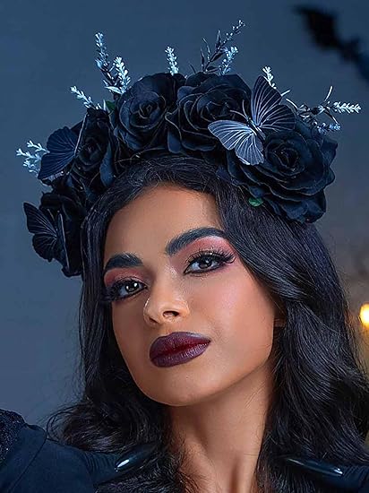Campsis Day of the Dead Headband, Butterfly Black Flower Halloween Hair Band, Gothic Festival Cosplay Hair Accessories for Women - sugar skull flower crown