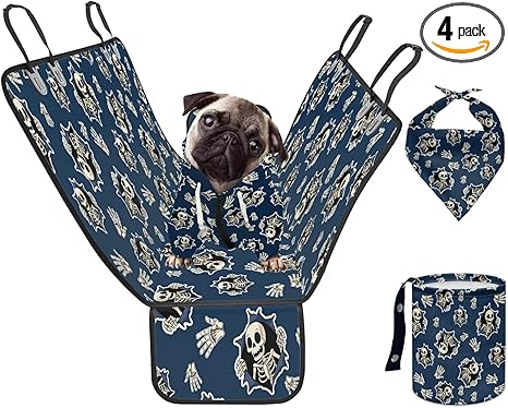 Howilath Skull Print Pet Car Seat Covers Backseat Water Repellant Blue Auto Seat Protector with Puppy Sweatshirts Dog Bandanas Car Trash Can, Easy to Install - sugar skull car pet seat cover