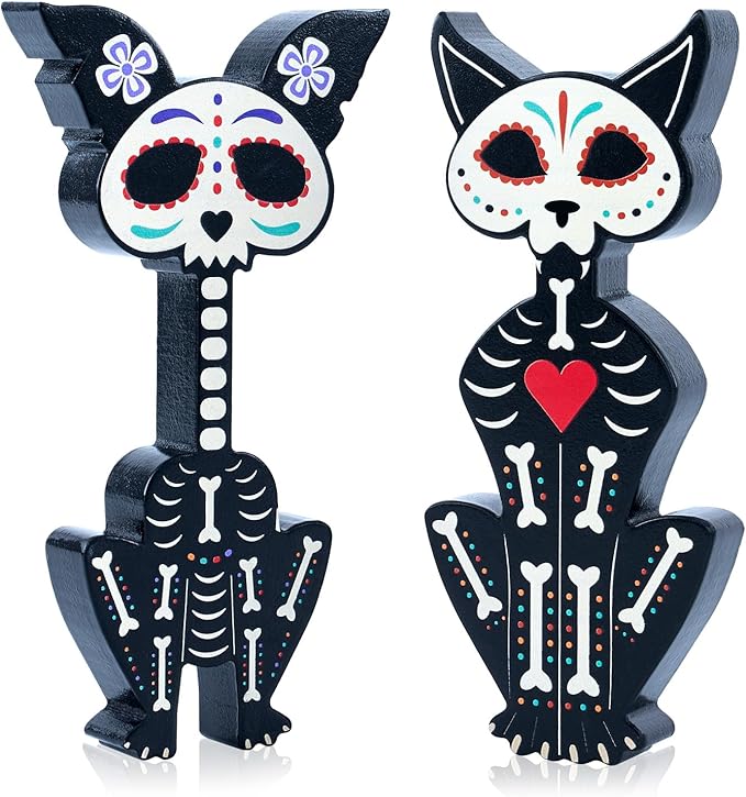 2 Pcs Day of The Dead Skeleton Cat and Dog Figurines, Dia De Los Muertos Wooden Table Decoration, Black Altar Sugar Skulls Tabletop Sign for Mexican Halloween Home Tiered Tray Decor Desk Mantle - sugar skull figurine collectible