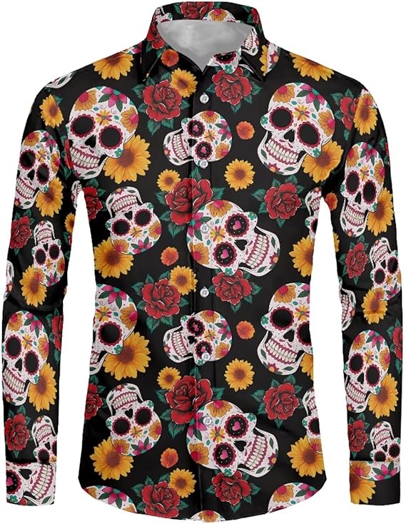 QUJUFOZY - sugar skull long sleeve shirt mens