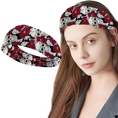 Halloween Headbands for Women, Skull Hairbands Red Peony Flowers Design Turban Halloween Printed Stylish Sport Sweat Hair Wrap Stretch Knotted Head Wraps Fashion Party Hair Accessories - sugar skull flower crown