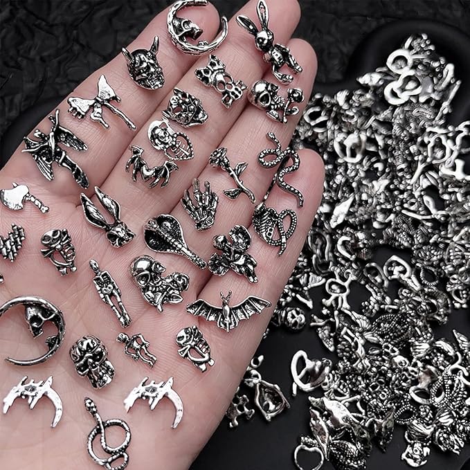50 Pcs Halloween Nail Charms Retro Alloy Bat Snake Skeleton Nail Jewelry 3D Mixed Styles Moon Skull Nails Gems Dark Halloween Nail Rhinestones for Women DIY Manicure Decorations Craft Jewelry Making - sugar skull nail art